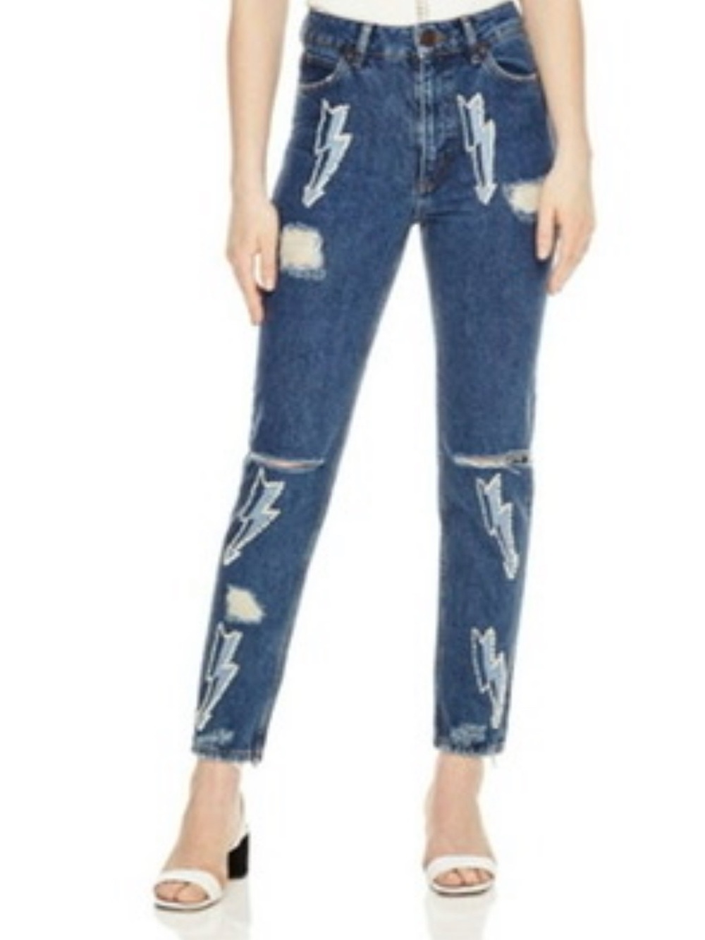 SANDRO Distressed Blue Lightning Patch Women's Jeans